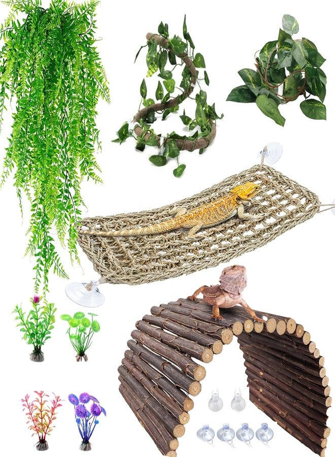TankMatDecor Bearded Dragon Tank Accessories, Reptile Mat Hammock Plants Bridge Jungle Climber Vines Terrarium Decorations for Leopard Gecko, Hermit Crab Lizard Snake (9 PCS Without Reptile Mat) - Image 1